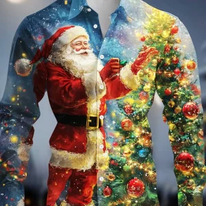 Christmas Santa Claus Casual Men's Button Up Shirt Long Sleeve Christmas theme Shirt Collar Button Up 3D Print Thin Polyester