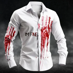 2025 Halloween Men's Letter Printed Blood Stains Shirt Button Up Shirt Long Sleeve Dark Punk Gothic Style Streetwear Men's Tops