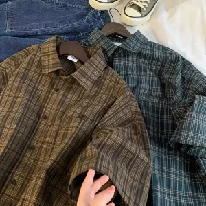 Japanese Vintage Plaid Short Sleeve Shirt Men's Streetwear Loose Fit High-end Feel Casual Stylish Versatile Half Sleeve Jacket