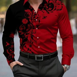 Men'S Stylish Red Floral Print Dress Shirt - Casual Long Sleeve Button-Up Design Spring Fashion Shirt Floral Print Shirt