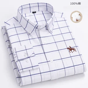 Men's Long Sleeve S ~ 6XL Cotton Oxford Shirt Plaid Stripe Business Casual Men's Pocket Regular Cut Button Down Men's Shirt
