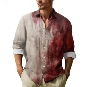 2025 Halloween Men's Letter Printed Blood stains Shirt Button Up Shirt Long Sleeve Dark Punk Gothic Style Streetwear Men's Tops