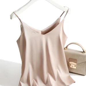 AOSSVIAO 2025 Spaghetti Strap Top Women Halter V Neck Basic White Cami Sleeveless Satin Silk Tank Tops Women'S Summer Camisole