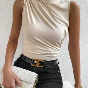 Fashion Casual Mock Neck Ruched Tank Top for Women Summer 2024 Solid Color Pleated Sleeveless Tee Shirt Tshirt Streetwear Y2K