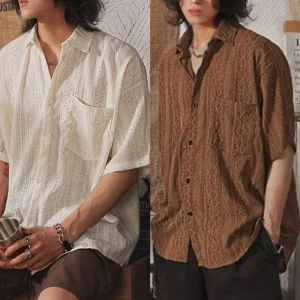 Summer New Men Casual Loose Hollow Out Short Sleeve Shirts Pockets Retro Fashion Vacation Daily All-Match Male Tops