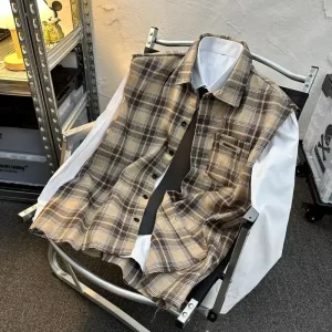 Casual Plaid Sleeveless Short-Sleeve Vest for Teens Versatile Minimalist Style Spring Autumn Fashion Hong Kong Trend Backless Sh