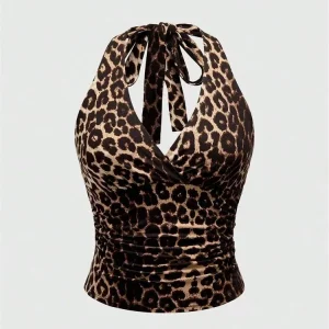 Leopard Printed V-neck Backless Halter Crop Top for Women Summer Sexy Y2K Sleeveless Ruched Top Streetwear