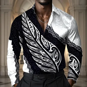 Men's Retro Print Shirt Long Sleeve Lapel Single-Breasted Autumn Casual Comfortable Streetwear