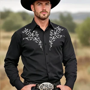 2025 Men's Tribal Pattern Long Sleeve Men'S Black Western Cowboy Shirt Western Event Attire Stylish Men'S Shirt Slim Fit Shirt
