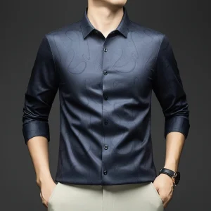 Cashmere 2.2% Premium Shirts For Men Long Sleeve Print Gentleman Autumn Quality Smooth Comfortable Stretchy Casual Chemise Homme