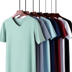 2025 Men's Thin Short Sleeve Ice Silk Without Summer Solid Color T Shirt Trace Slim V-neck Bottoming Seamless Short Sleeve