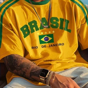 2025 Summer New Five-star Brasil Print T-shirt For Men Short Sleeve O-neck Tees Vintage Casual Sports Mesh Jersey Oversized Tops